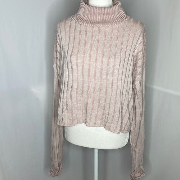 NWT abound ribbed turtleneck crop sweater in pink salmon - Picture 1 of 8
